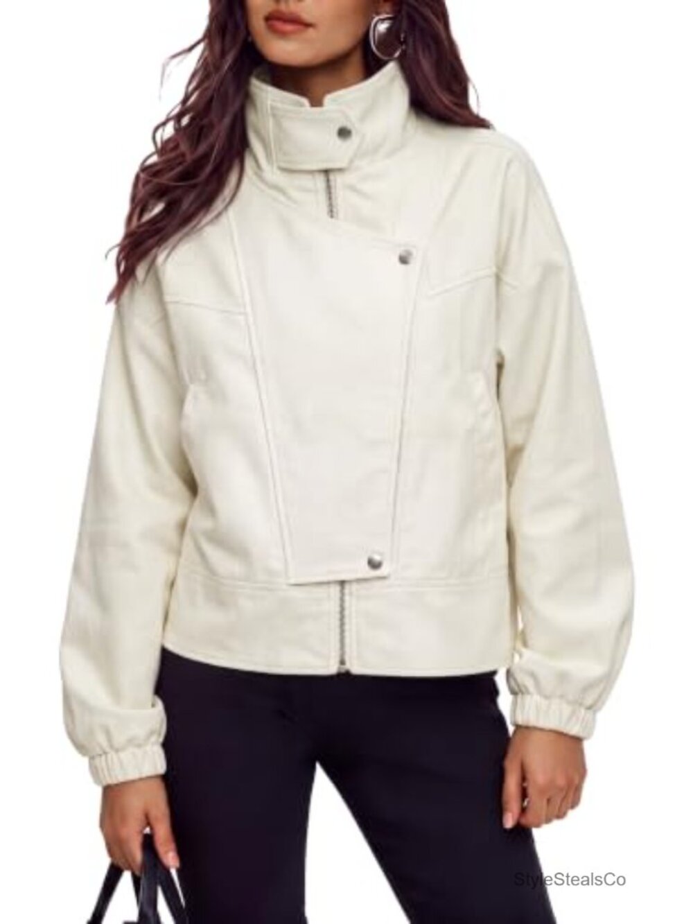 Womens Cropped Bomber Jacket Lightweight Zip Up Moto Coat Pockets